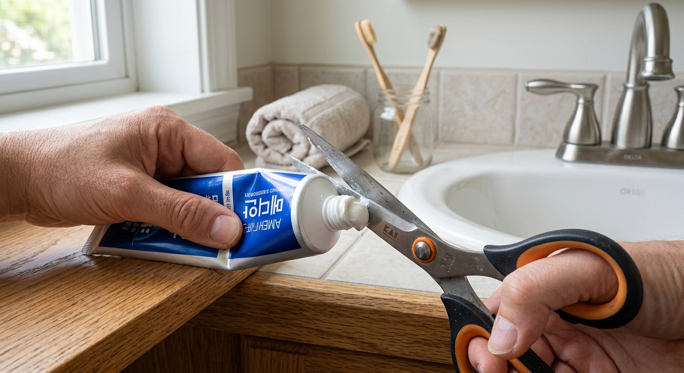 다 쓴 치약 튜브를 세로로 잘라 내부에 남은 치약을 확인하는 모습