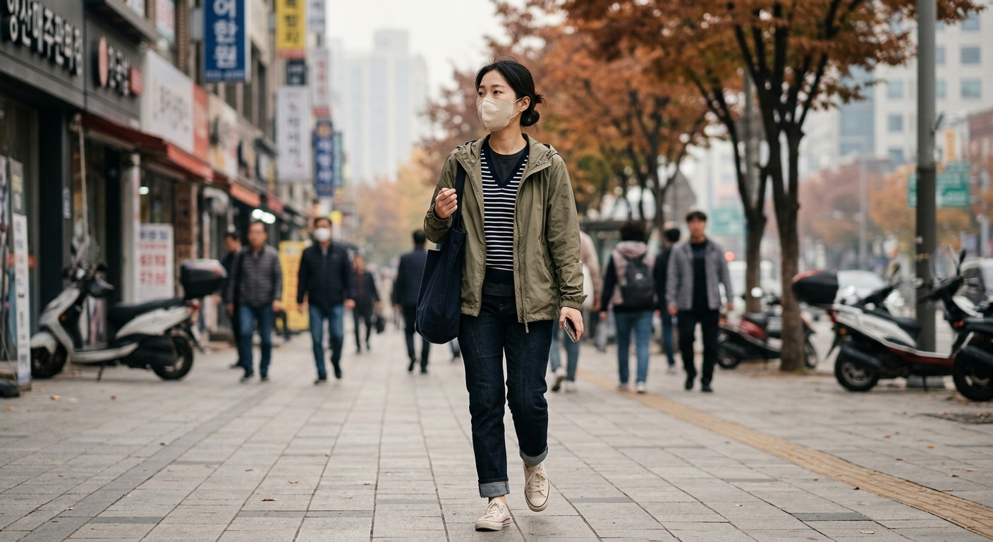 일교차 큰 날씨에 적합한 레이어드 옷차림을 한 사람