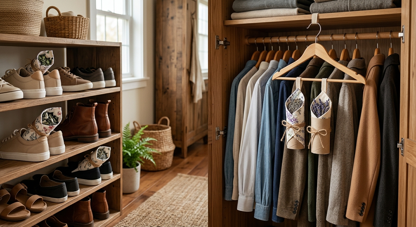 향을 머금은 휴지심이 옷장 선반과 신발 속에 배치된 모습