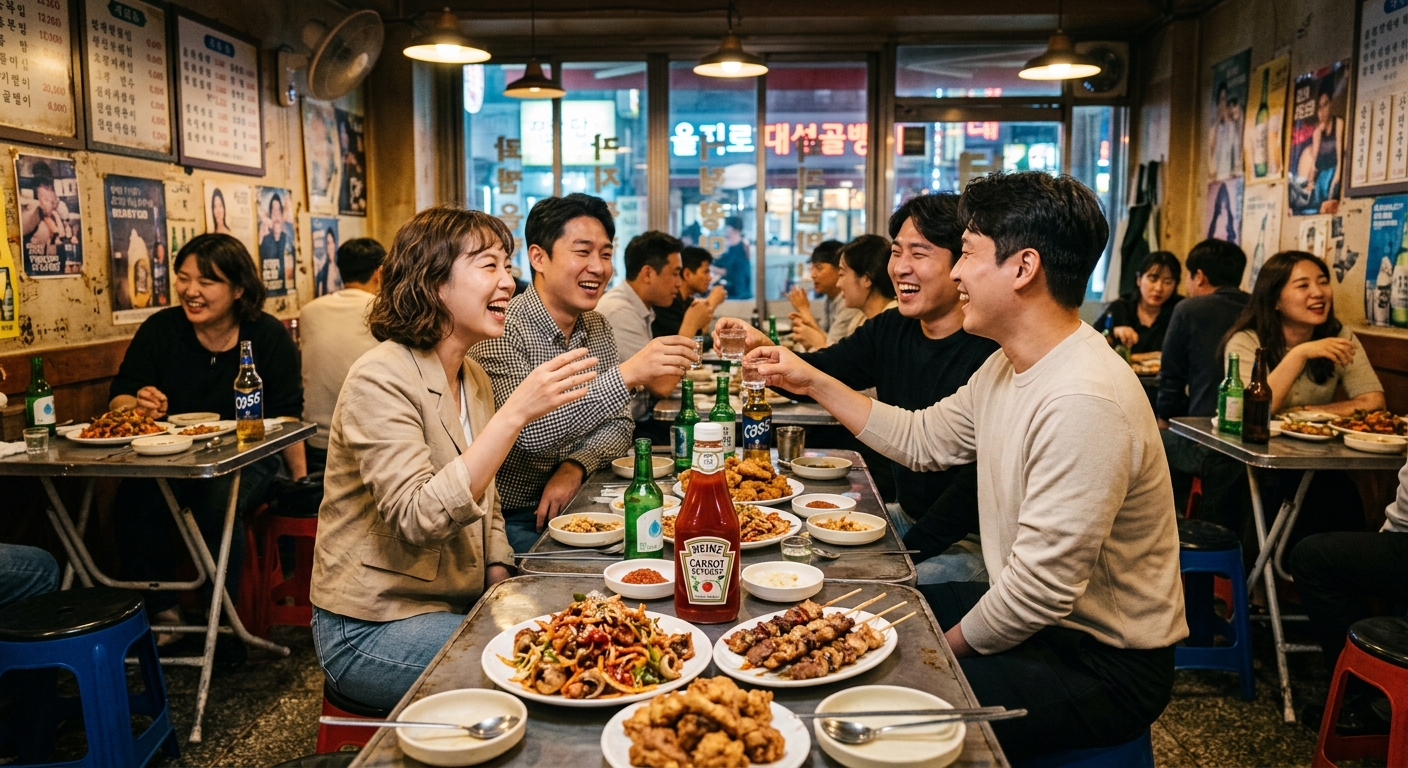 을지로의 오래된 식당 내부에서 따뜻한 조명 아래 음식과 대화를 즐기는 사람들
