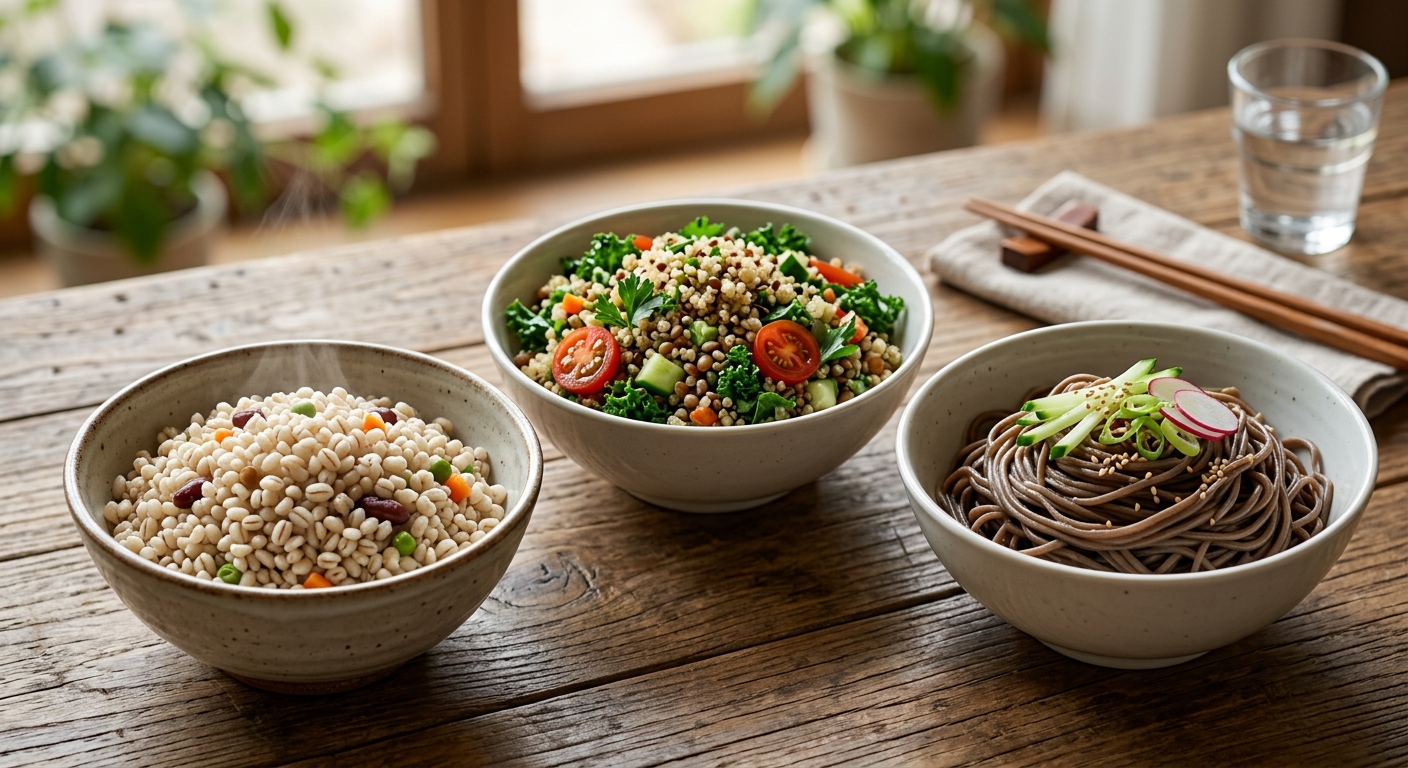 현미밥과 여러 반찬이 함께 놓인 식탁 사진