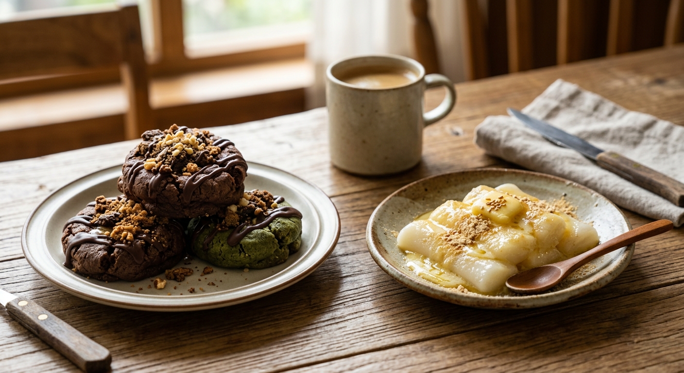버터떡을 반으로 갈라 겉바속쫄 식감이 드러난 모습