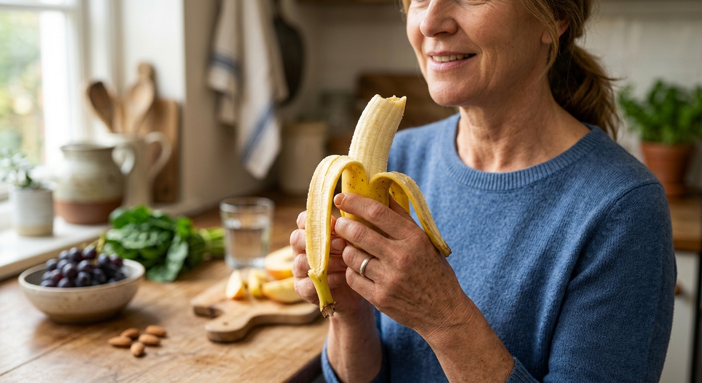 잘 익은 바나나와 건강 간식 구성이 담긴 실사 이미지