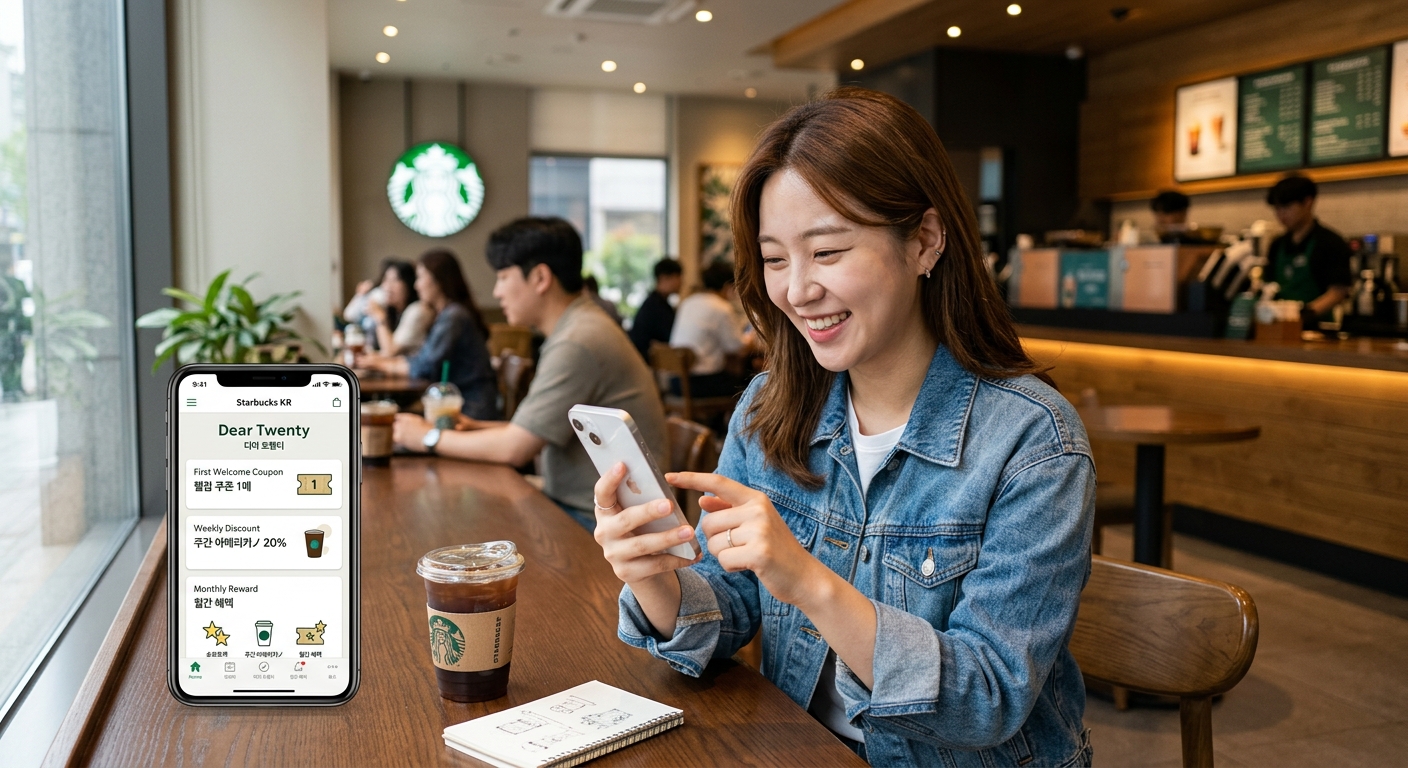 커피와 푸드 메뉴 옆에 할인 혜택을 확인하는 스마트폰 화면
