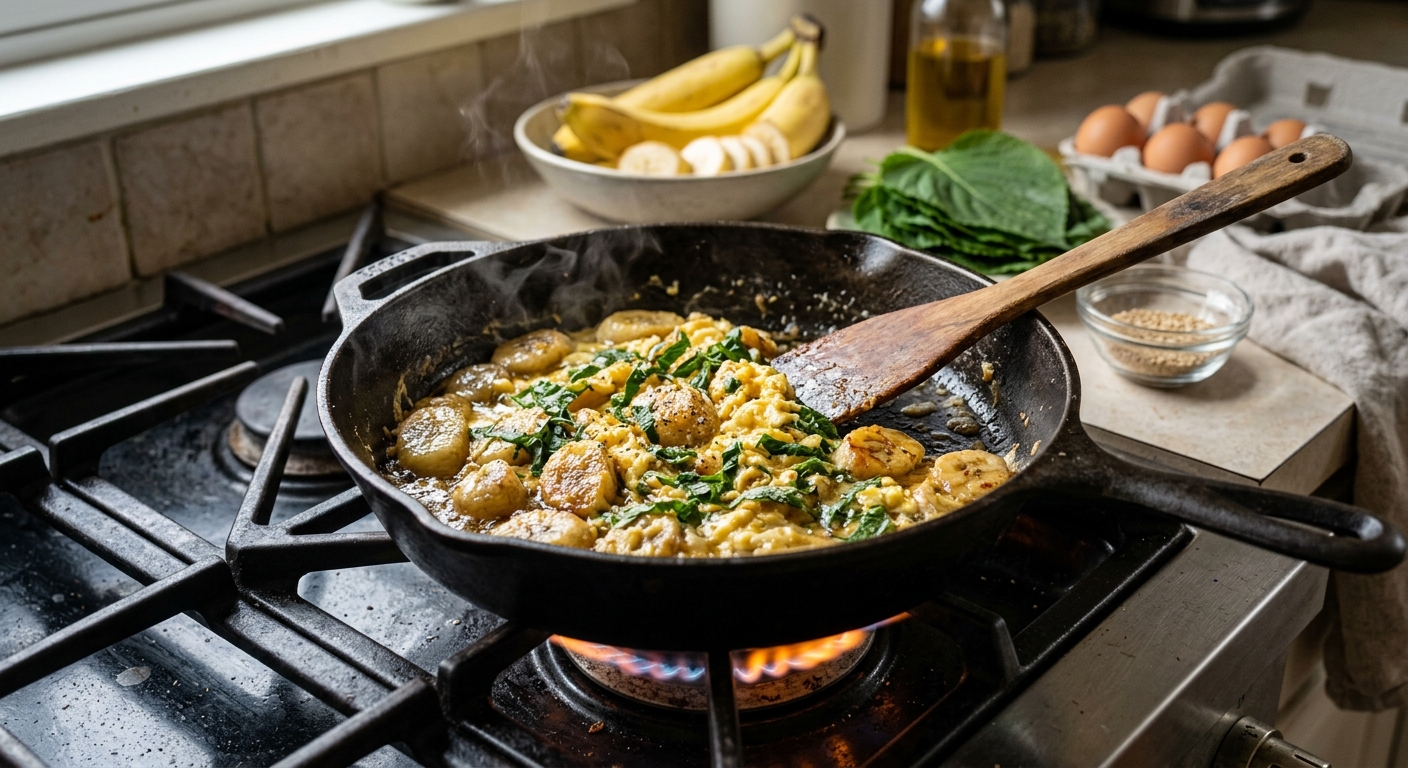 바나나와 깻잎, 계란을 함께 놓은 이색 간식 재료 구성