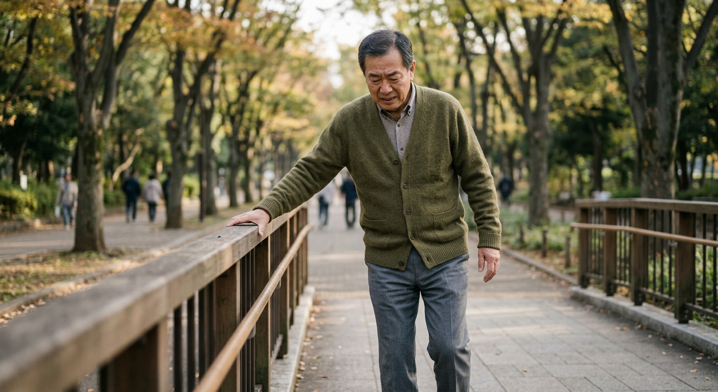 집 안에서 걸음을 옮기다 중심을 잃는 중장년층 인물