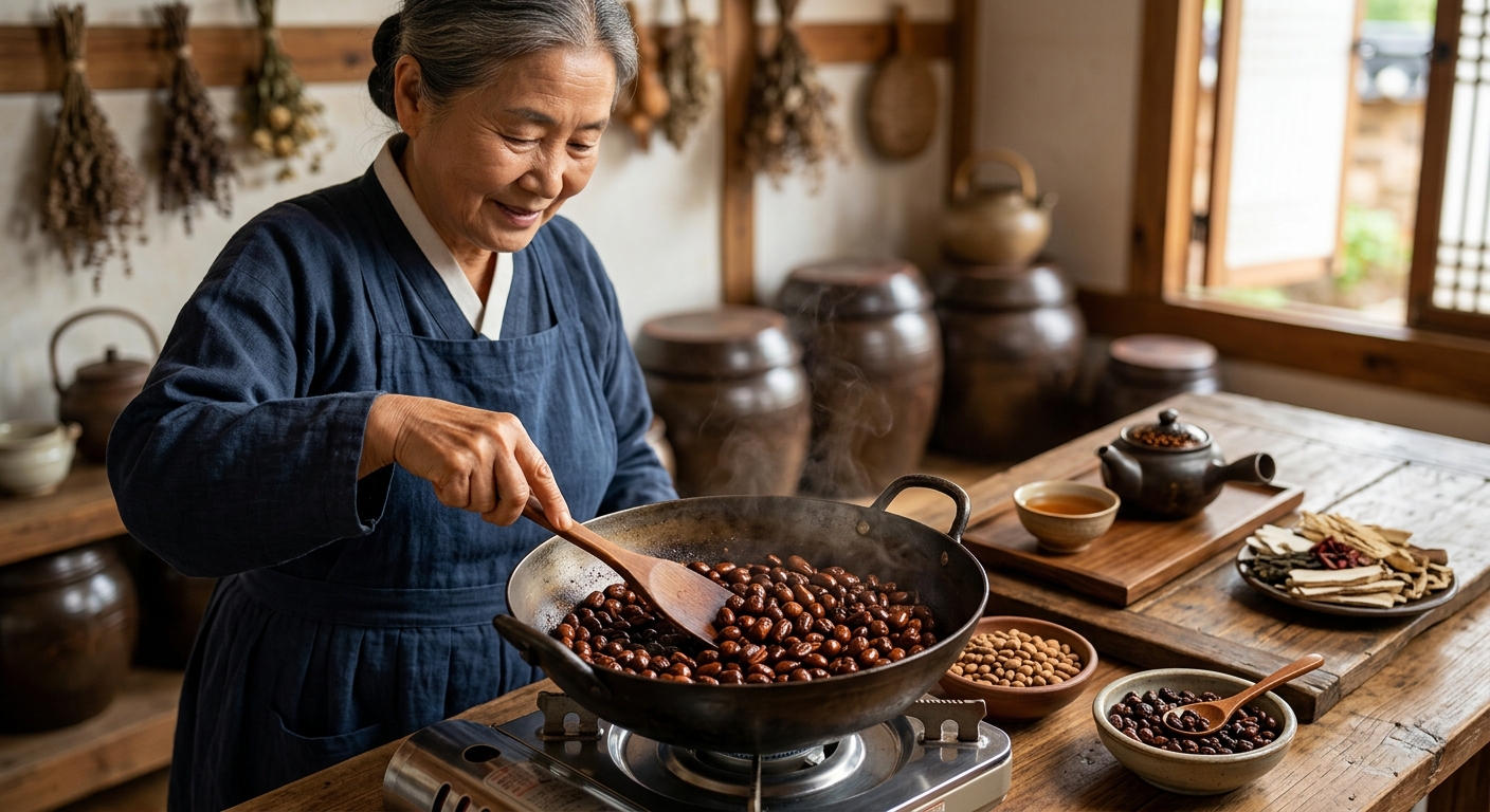 팬에 볶은 산조인을 준비하는 장면
