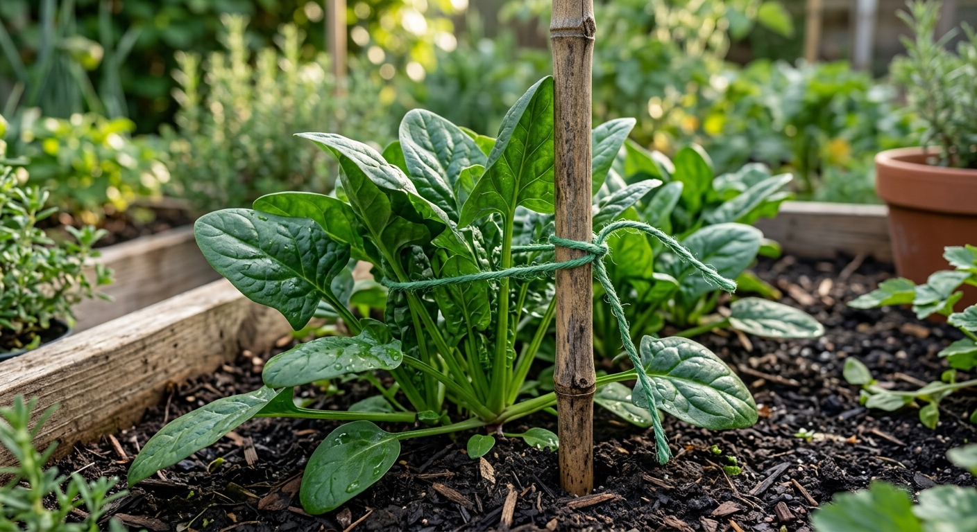 식물 줄기를 직접 조이지 않고 지지대와 함께 시금치 끈으로 고정한 모습