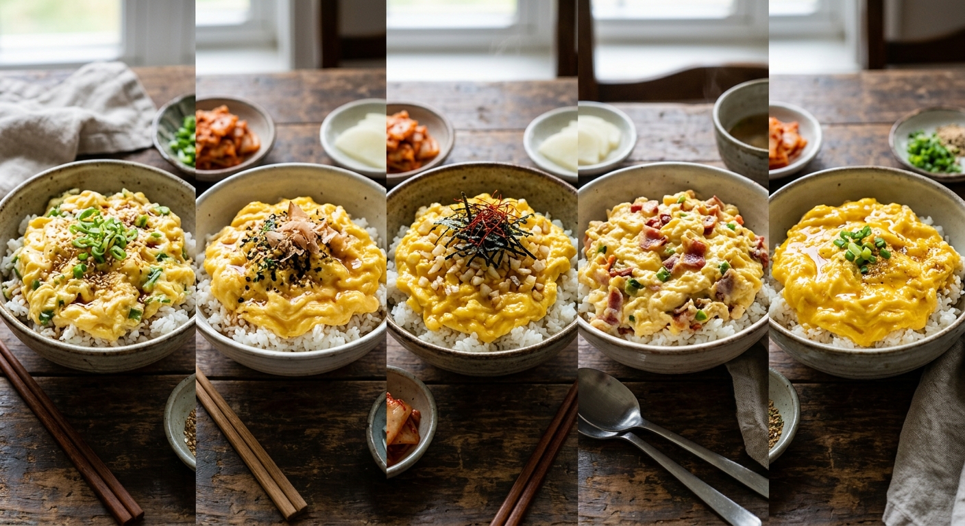 부드러운 스크램블 에그가 간장 양념 밥 위에 올려진 덮밥