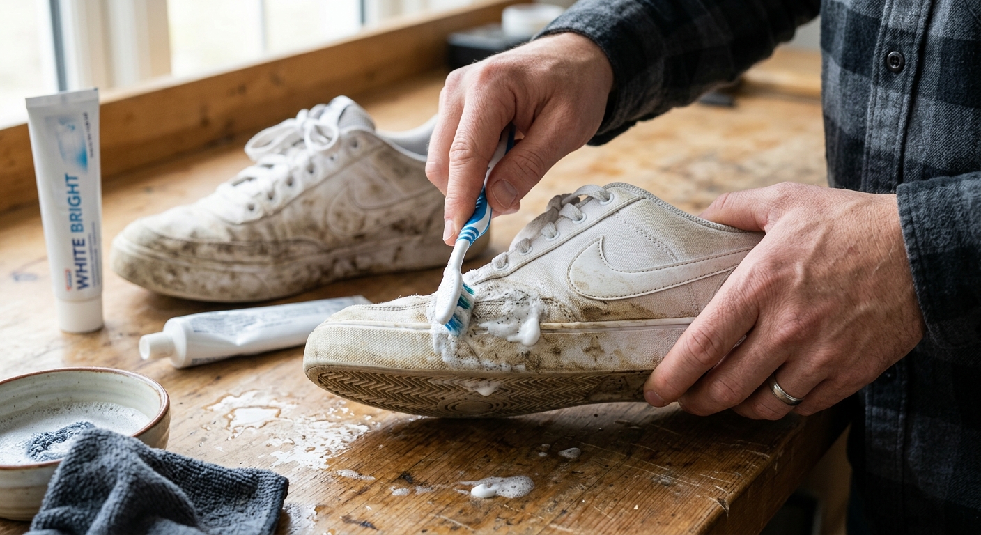 치약으로 닦기 전과 후의 흰 운동화 밑창 변화 비교