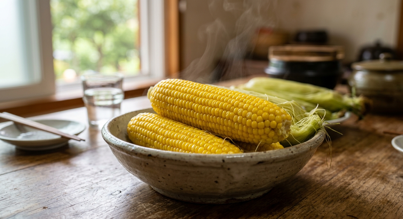선명한 노란색의 찐 옥수수 클로즈업