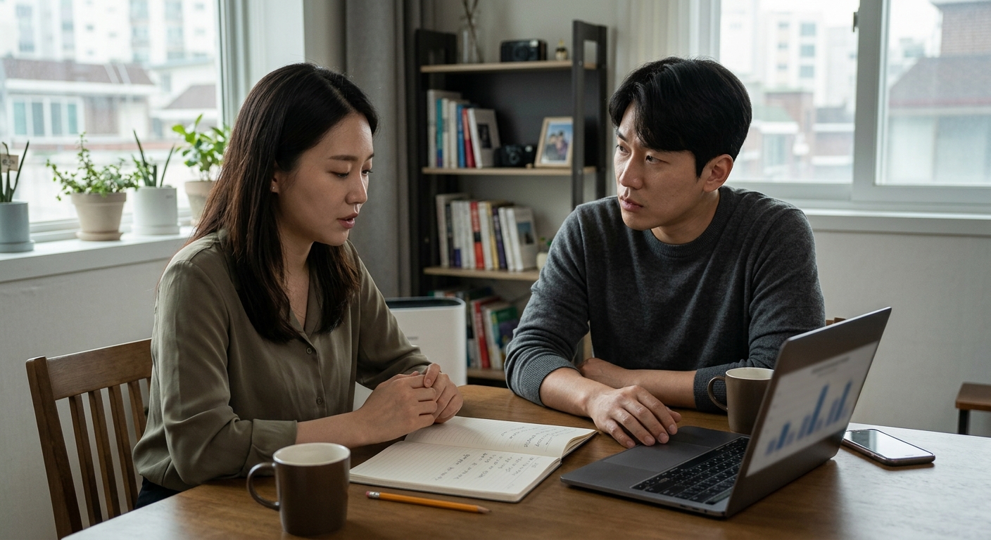 식탁에 앉아 가계와 미래 계획을 상의하는 젊은 부부의 현실적인 장면