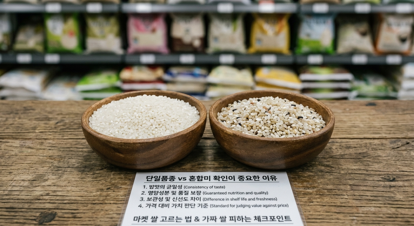 마트 진열대 앞에서 쌀 포장 정보를 꼼꼼히 확인하는 소비자 모습