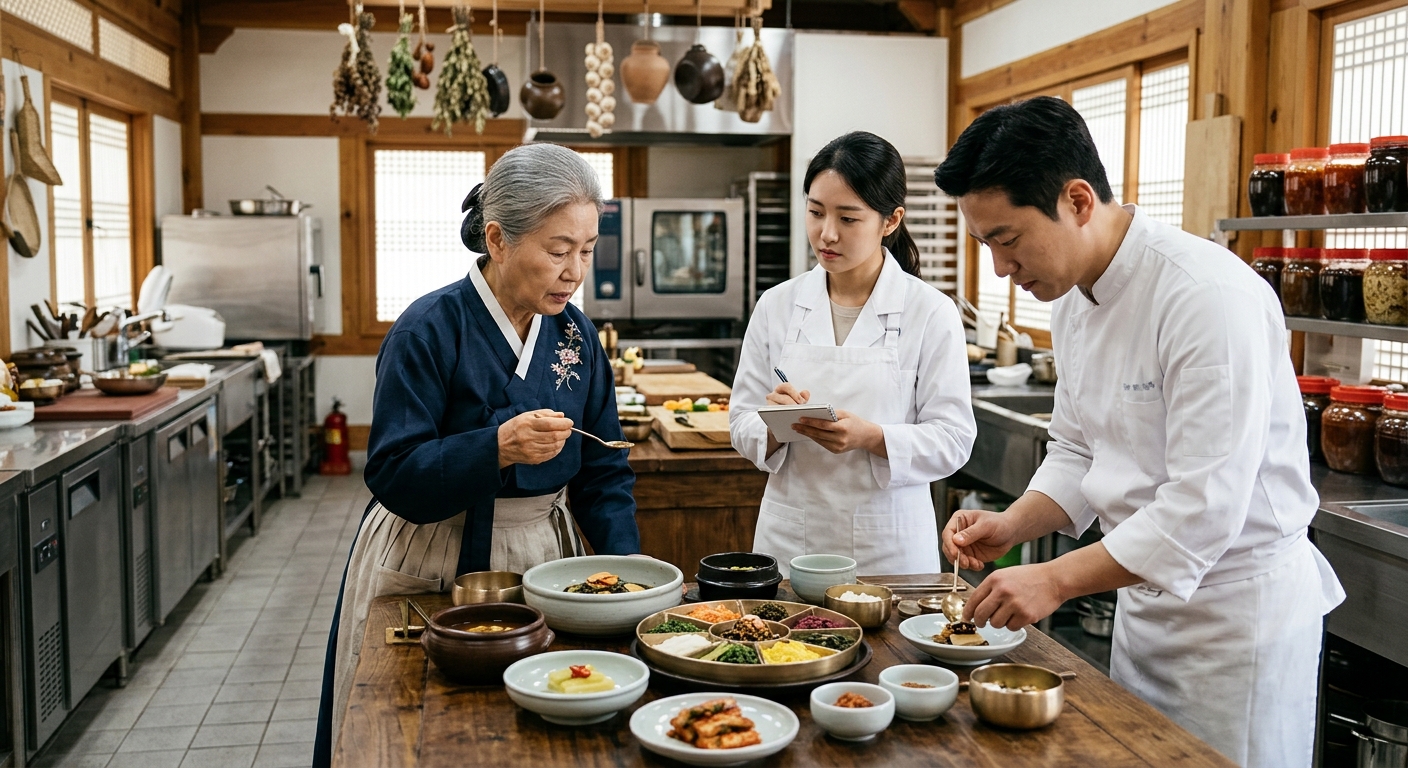 전통 한식 연구를 바탕으로 완성된 고급 궁중음식 다이닝 장면