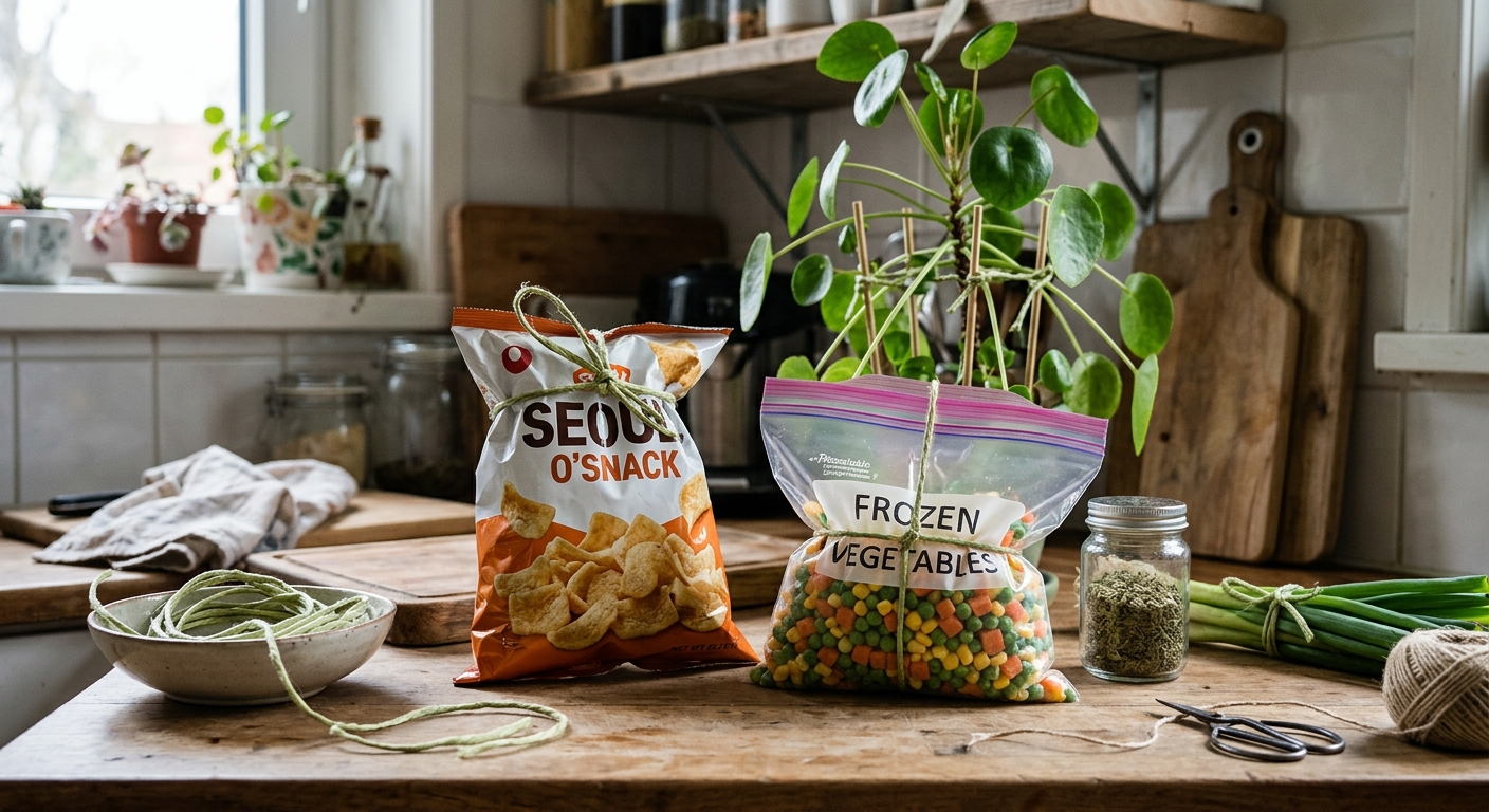 과자 봉지와 냉동식품 봉지를 시금치 끈으로 묶어 정리한 주방 장면
