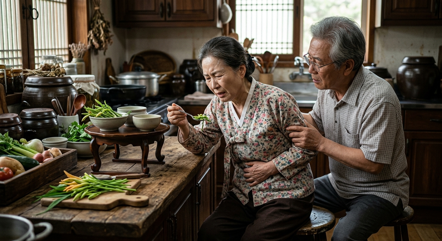 주방에서 나물을 손질하며 건강 정보를 확인하는 중장년 부부