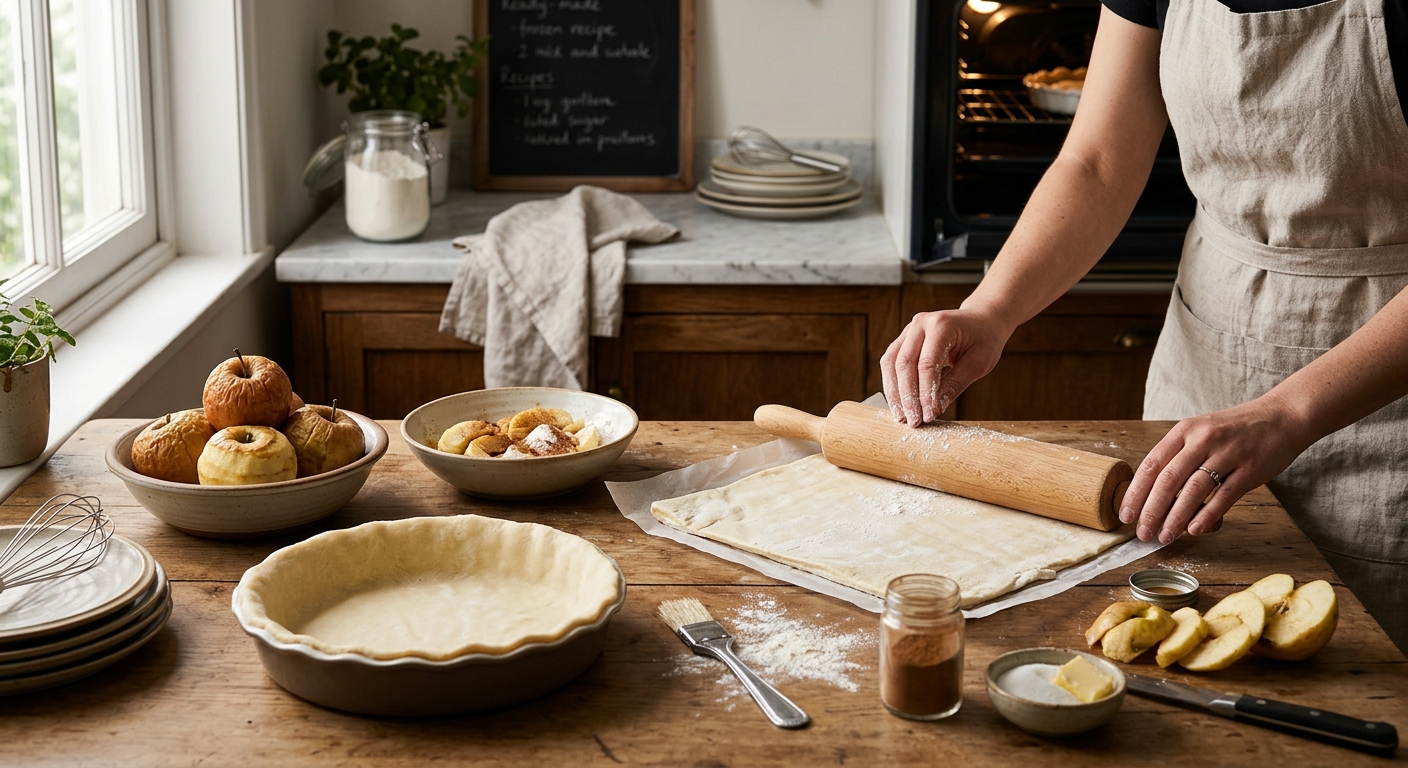 파이 틀에 반죽을 깔고 포크로 구멍을 내는 장면