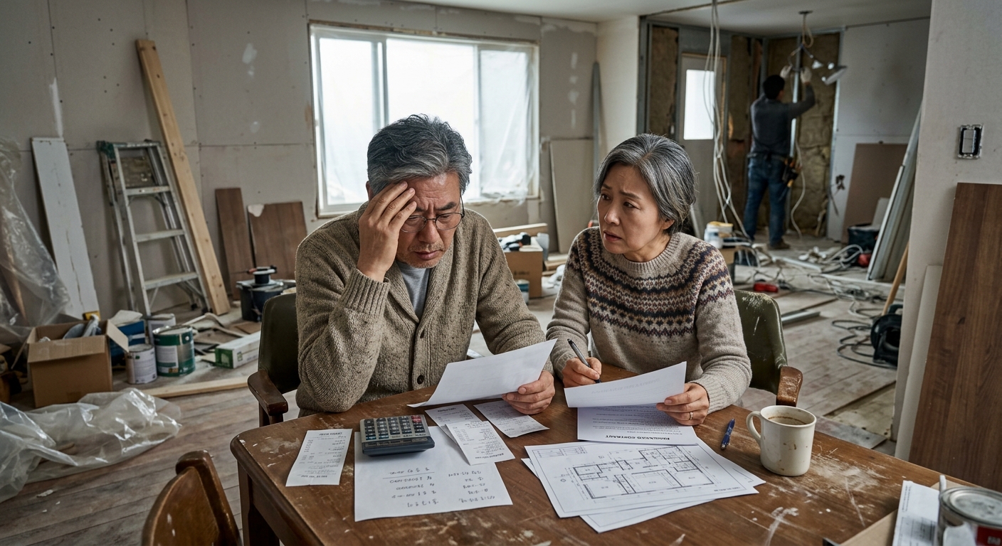 리모델링 도면과 견적서를 보며 고민하는 은퇴 부부의 현실적인 표정
