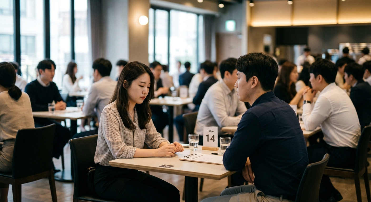 세련된 공간에서 자연스럽게 대화하는 20대와 30대 남녀 참가자들