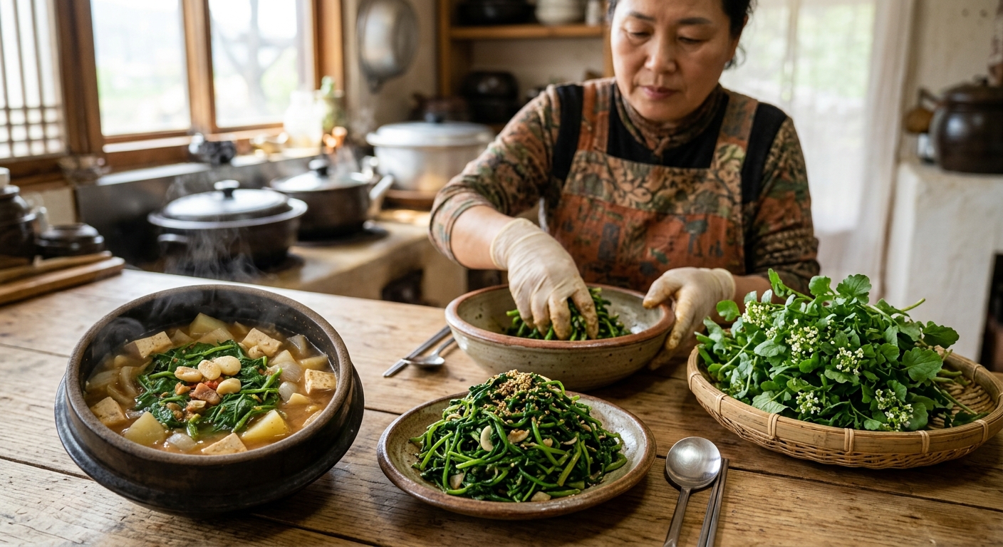 데친 말냉이를 된장과 들기름으로 무쳐 접시에 담은 봄나물 요리