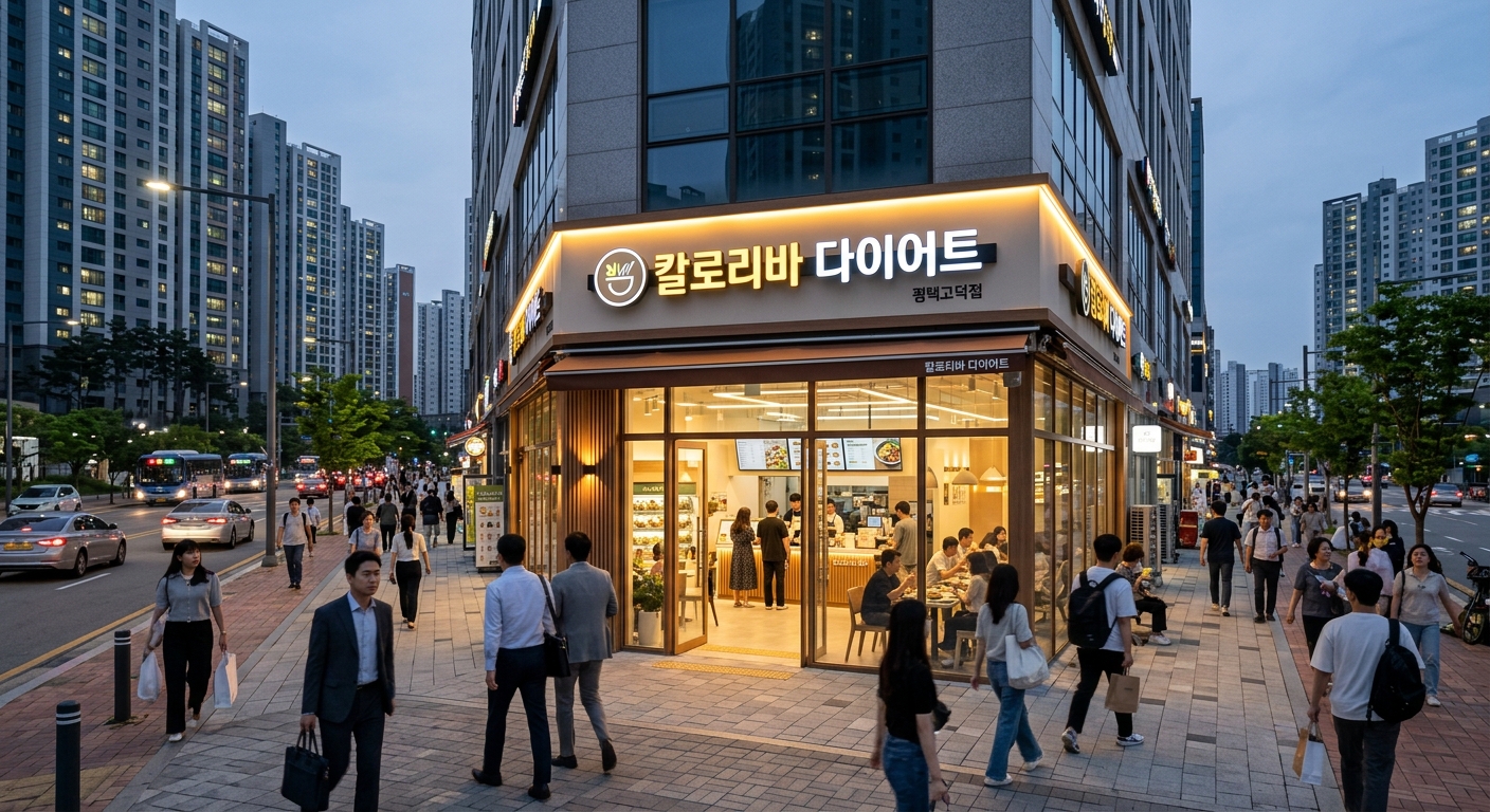 직장인 상권과 주거 단지를 연결하는 다이어트 매장 전략을 보여주는 도시 풍경