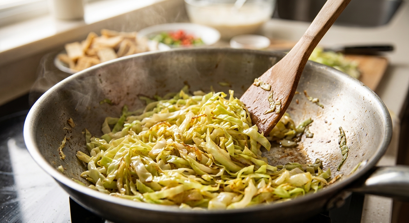 올리브유를 두른 팬에 양배추와 어묵을 볶고 있는 모습