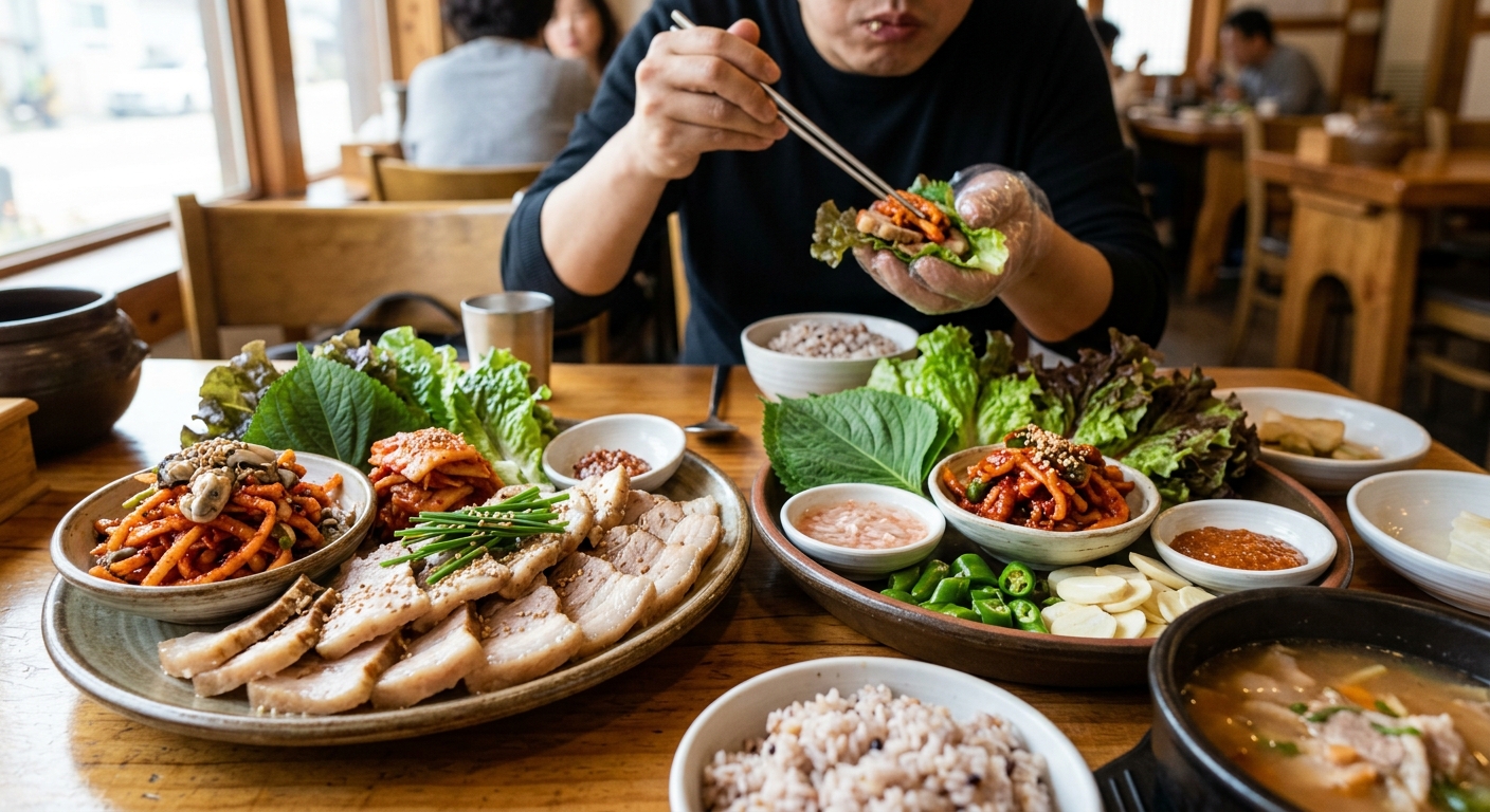 철분과 단백질 보충에 좋은 보쌈과 채소 반찬이 놓인 식사 장면