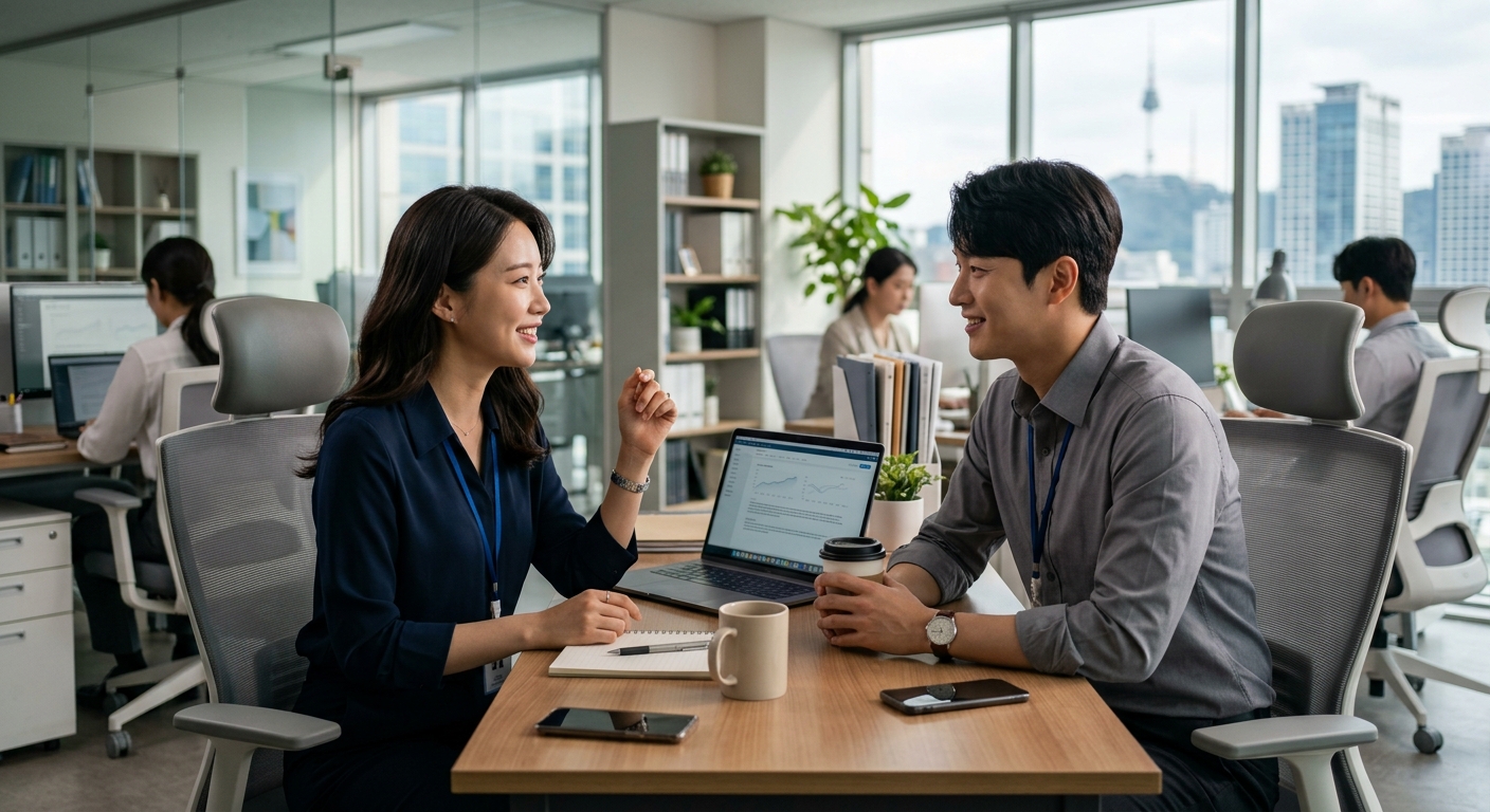 도심 오피스 밀집 지역을 걷는 30대 초반 사무직 남녀의 모습