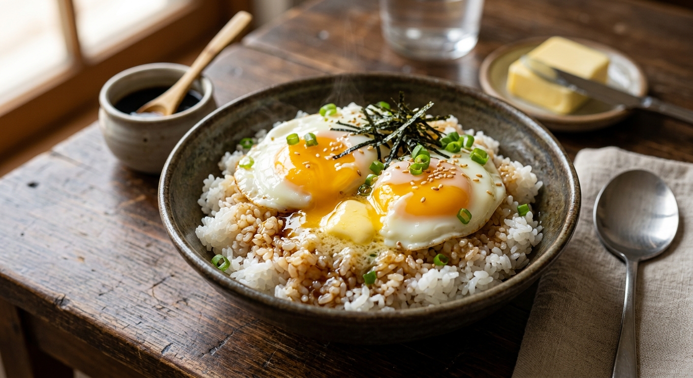간장과 참기름, 버터를 곁들인 한국식 계란밥의 클로즈업