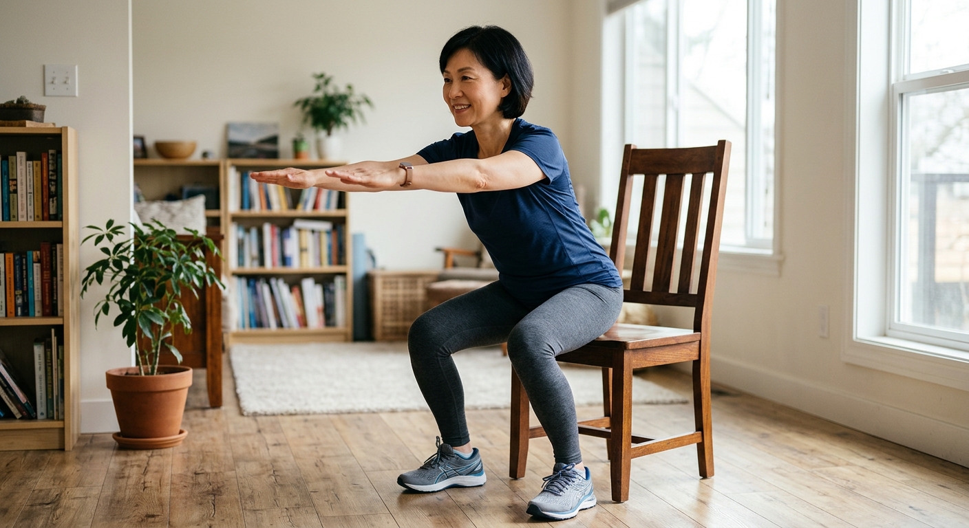 의자 앞에서 엉덩이를 뒤로 빼며 스쿼트를 하는 중년 여성의 모습