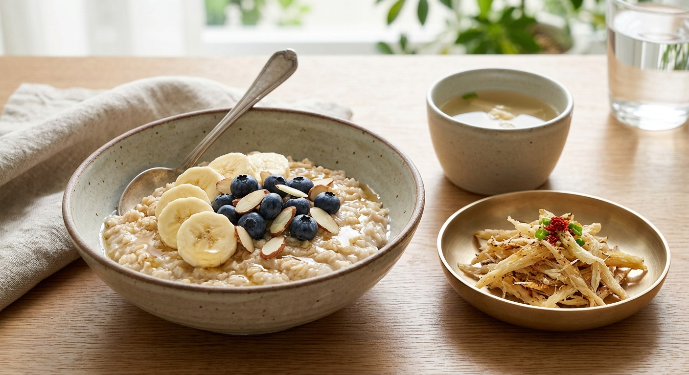 따뜻한 오트밀 위에 견과류와 과일이 올려진 모습