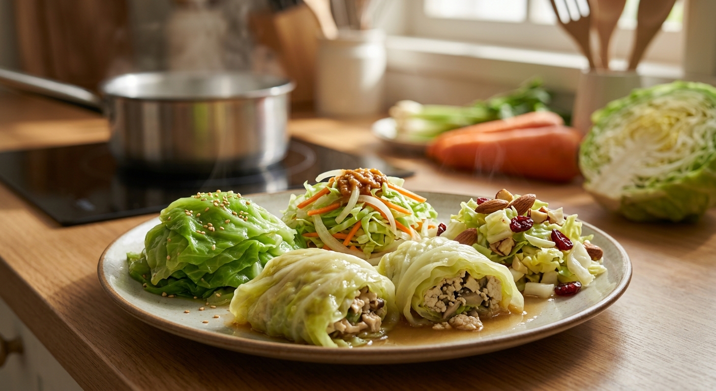 데친 양배추 쌈과 저염 양념장이 함께 차려진 한식 식탁