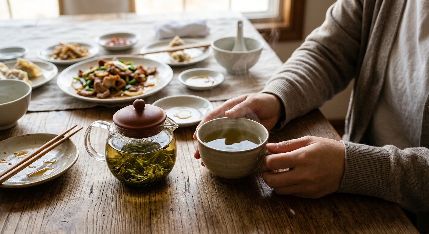 맑은 녹차가 담긴 유리 찻잔 사진
