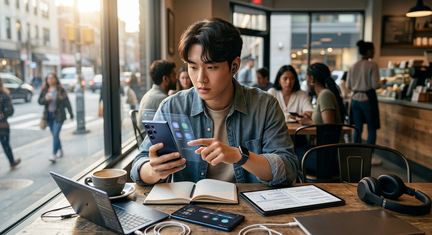 다양한 AI 도구가 연결된 스마트폰 인터페이스를 사용하는 모습