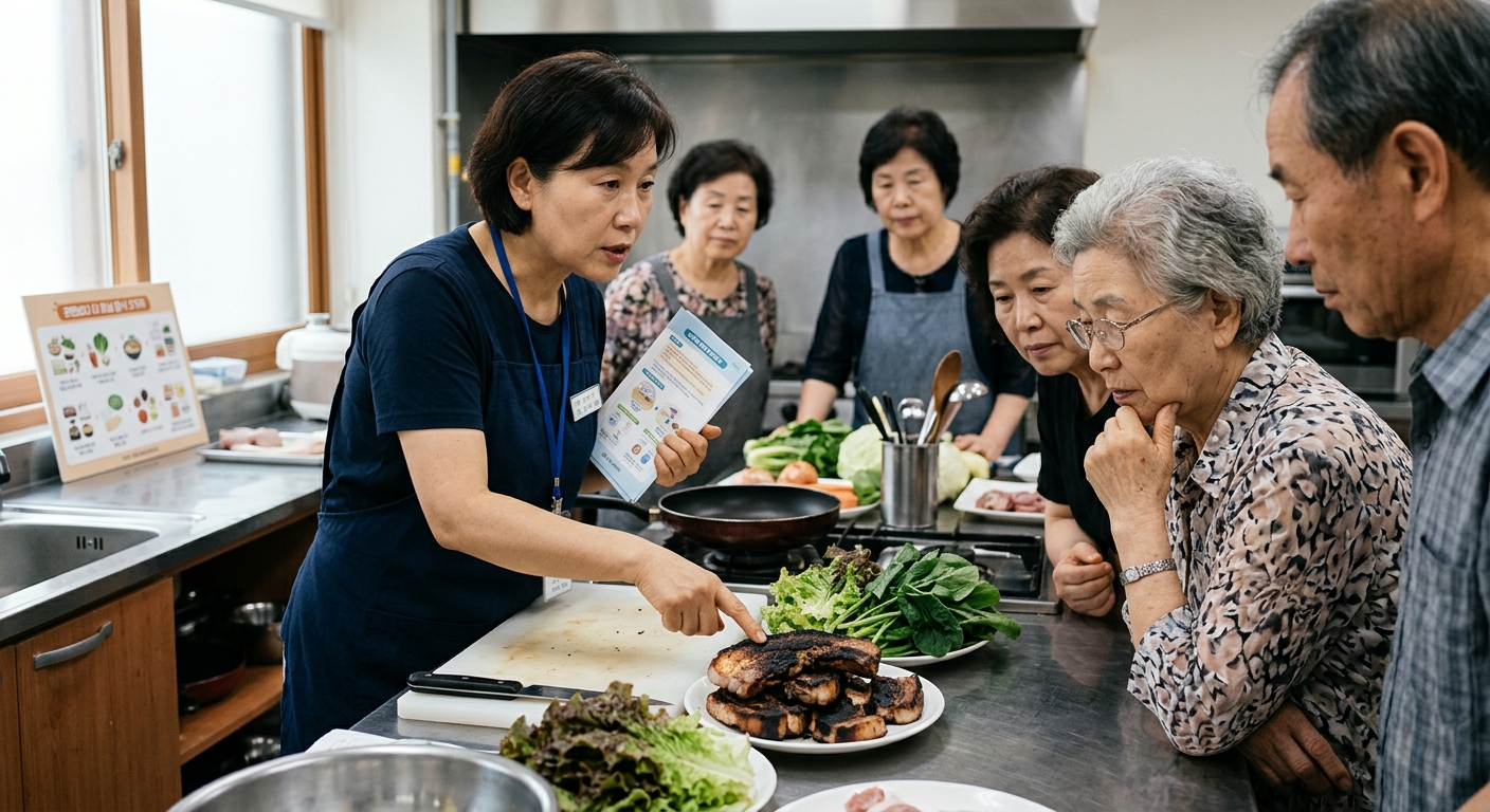 표면이 심하게 탄 고기와 부드럽게 조리된 고기를 비교한 장면