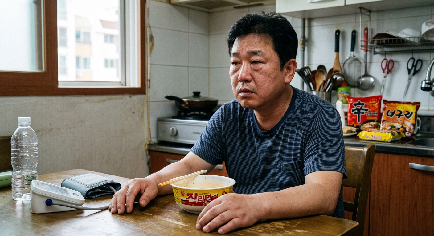 거울 속 부은 얼굴을 확인하는 사람과 식탁 위 라면 그릇
