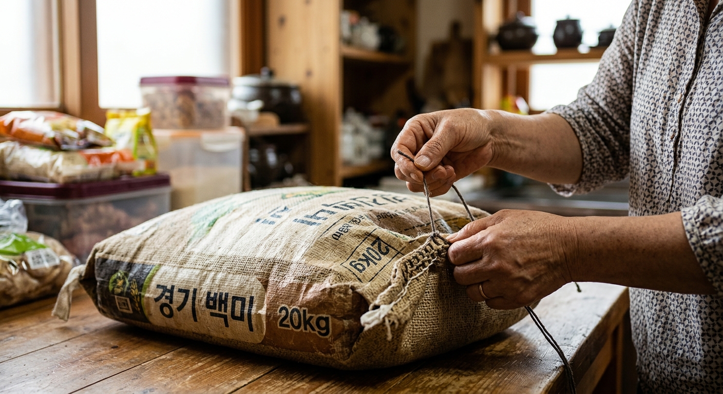 쌀포대의 실 끝을 옆으로 당겨 체인처럼 풀어내는 손동작