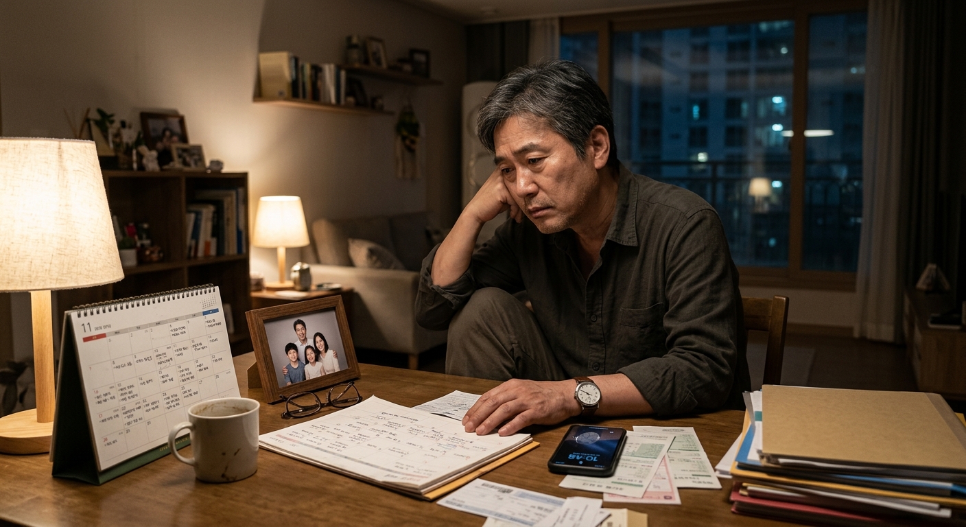 하고 싶었던 일을 적은 메모를 바라보는 40대 50대 중년
