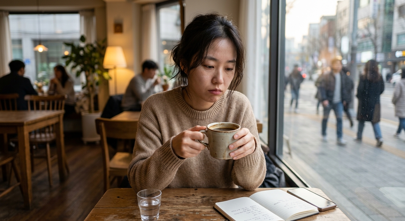아침 식탁 위 커피잔과 시계가 놓인 장면