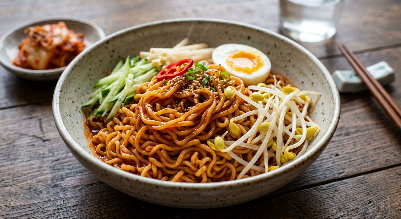 데친 콩나물과 덜 익혀 준비한 라면 면을 함께 놓은 조리 준비 장면