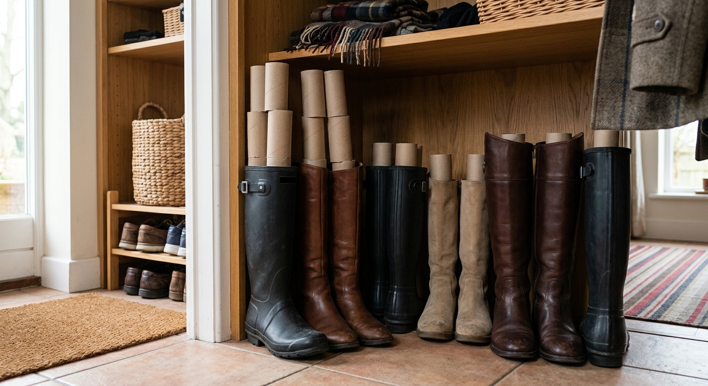 신발장 안 롱부츠 내부에 휴지심 지지대가 들어간 모습