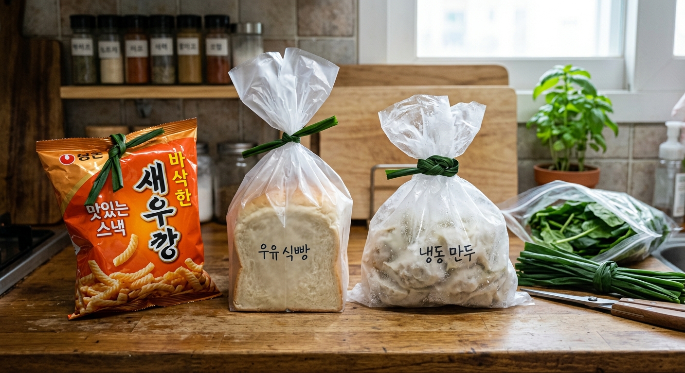 과자 봉지와 냉동식품 봉지를 시금치 끈으로 고정해 정리한 장면