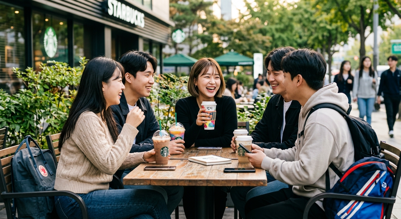 다양한 음료 진열 앞에서 메뉴를 고르는 젊은 고객 모습