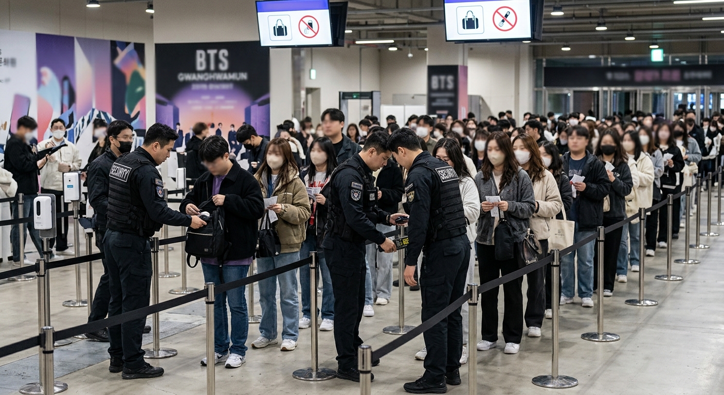 공연 관람객이 가벼운 짐을 들고 안내 표지판을 확인하는 장면