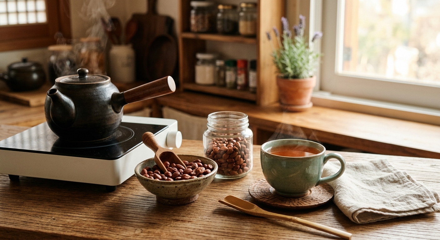 주전자에 우러난 산조인차를 컵에 따르는 모습