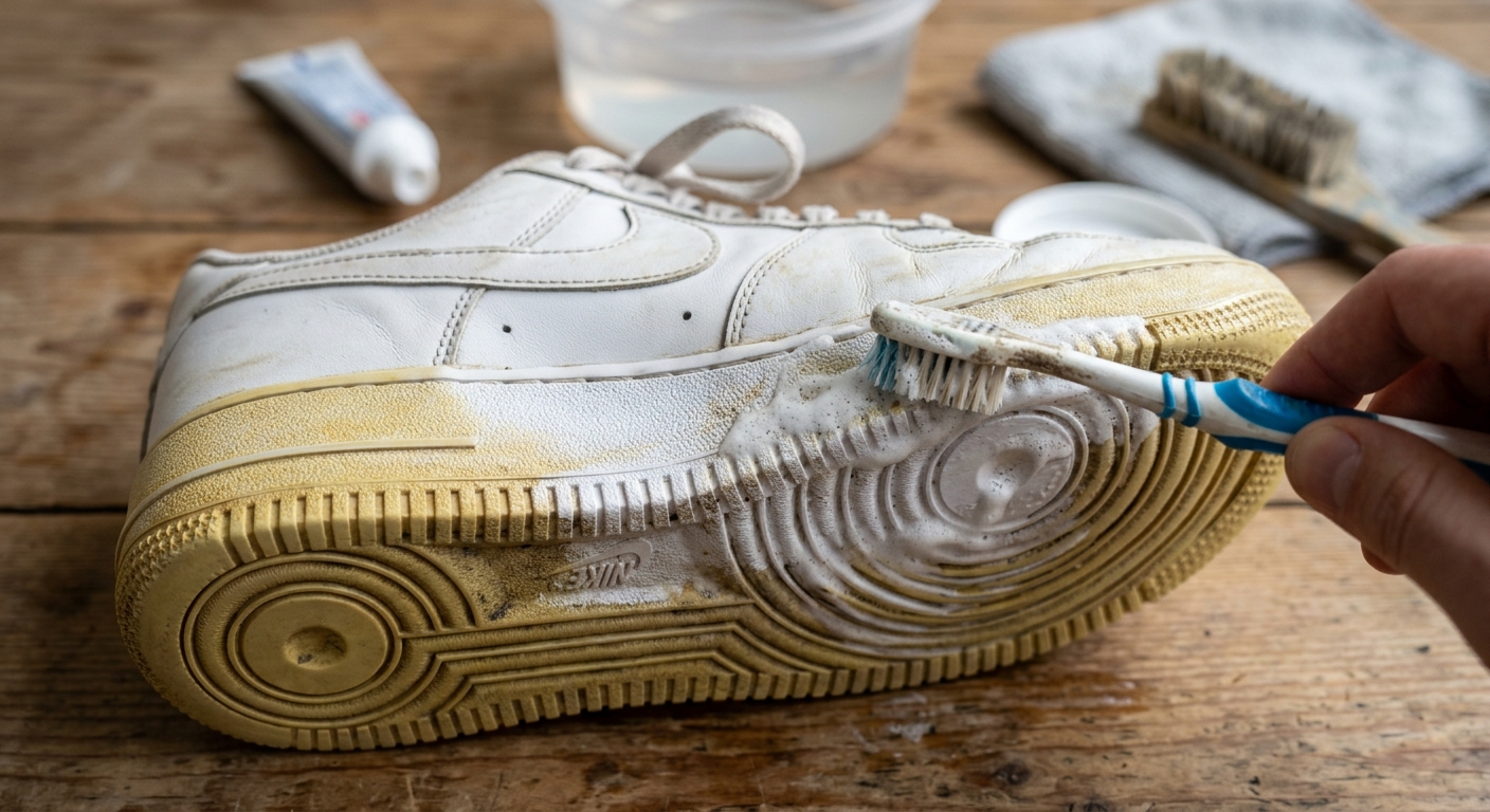 흰 신발 고무 중창의 검은 자국을 칫솔로 제거하는 장면