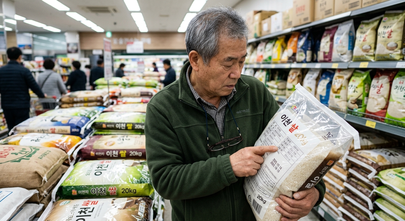 쌀 포장지 뒷면의 원산지 표시를 확대해 확인하는 장면