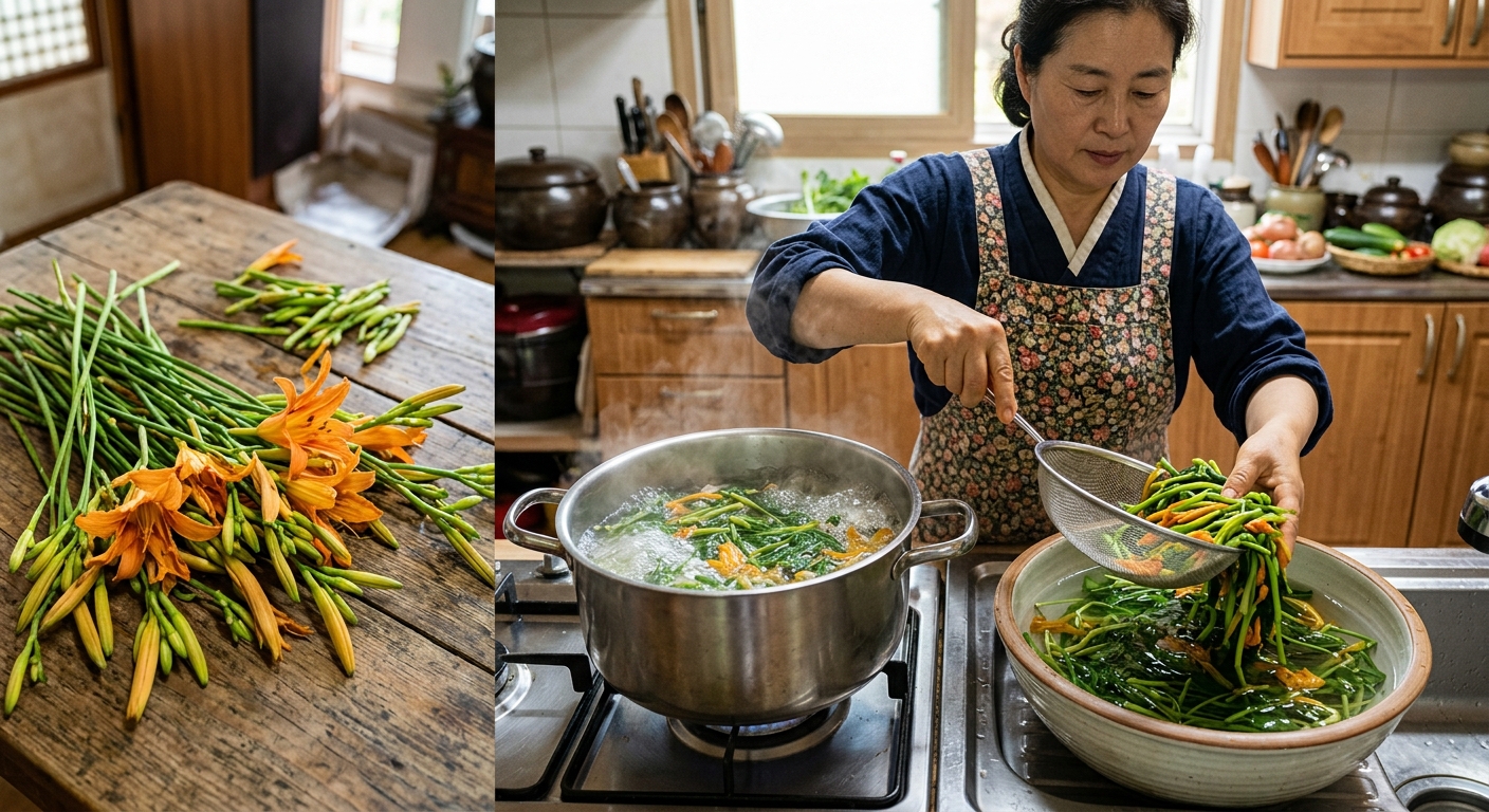 끓는 물에 원추리를 데친 뒤 찬물에 담가두는 조리 과정