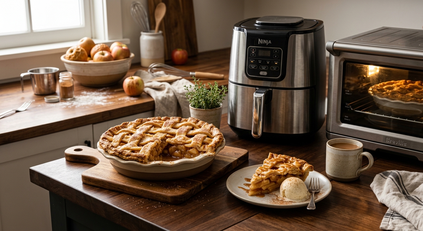 오븐에서 황금빛으로 익어가는 사과파이