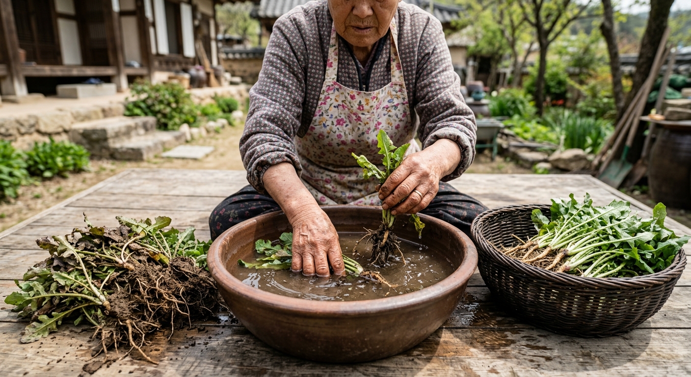 고들빼기를 물에 씻고 데치기 전 손질하는 과정